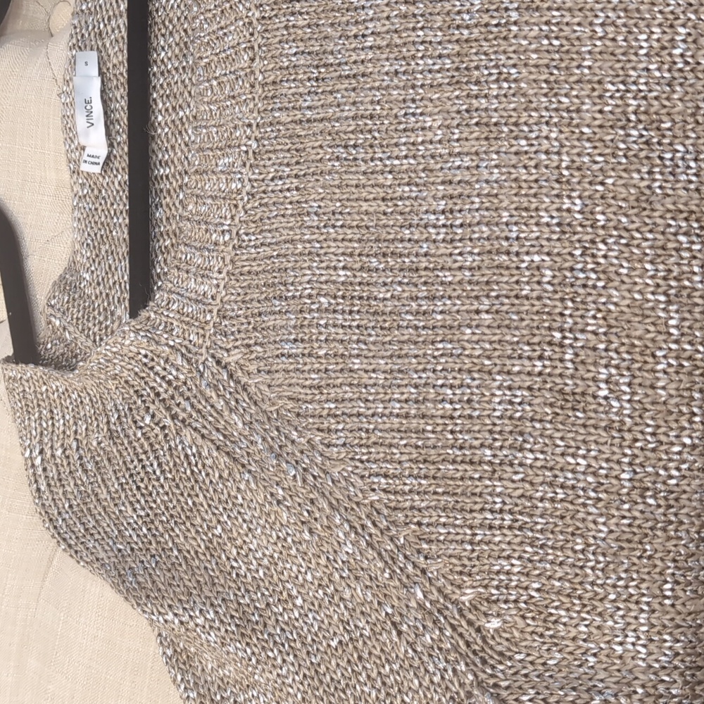 Vince Linen Blend Tan And Silver Metallic Crew Neck Sweater Relaxed Fit Small - Picture 6 of 9